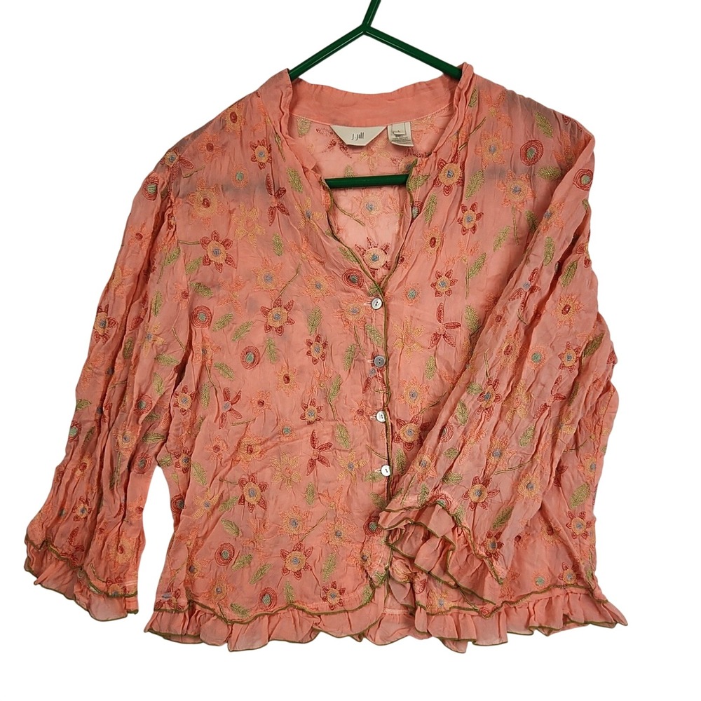 J.‎ Jill Coral Pink Floral Embroidered Button Front Ruffle Blouse L Boho Cottage